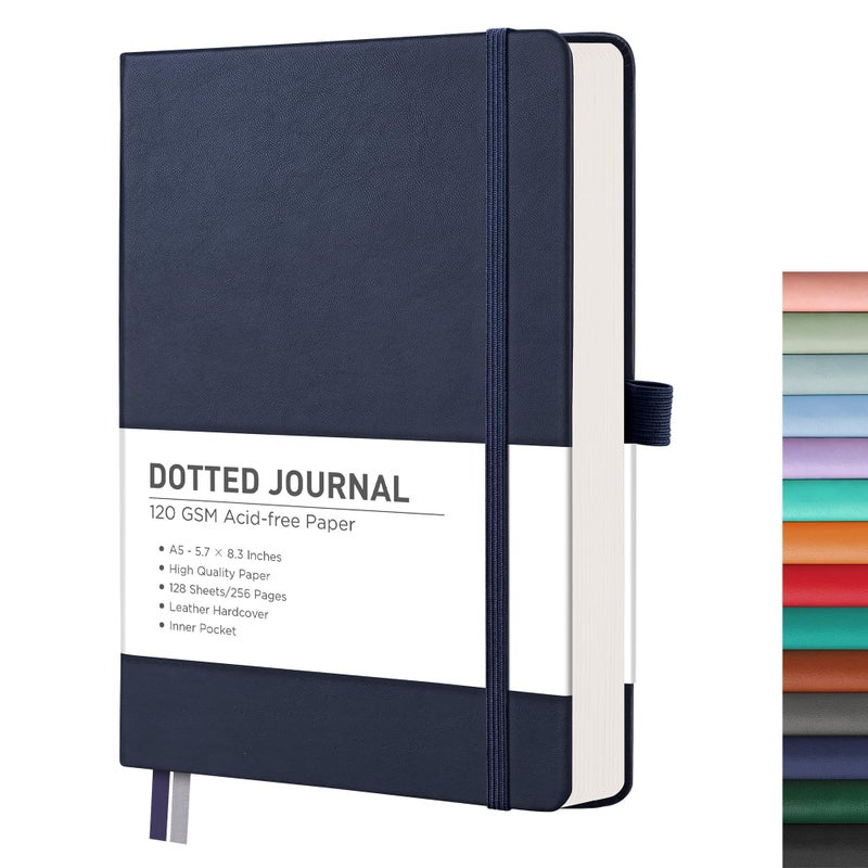 RETTACY Bullet Dotted Journal Notebook, 256 Pages, A5 Medium Size (5.7'' Ã— 8.3''), Leather Hardcover, 120 GSM Thick Paper, for Bullet Journaling, Planning, Tracking (Navy Blue) - Image 1
